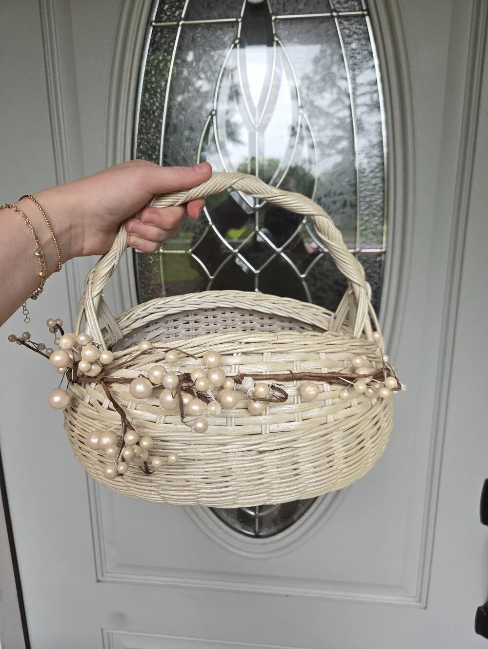 Cream Flower Girl Basket Faux Berry Vine